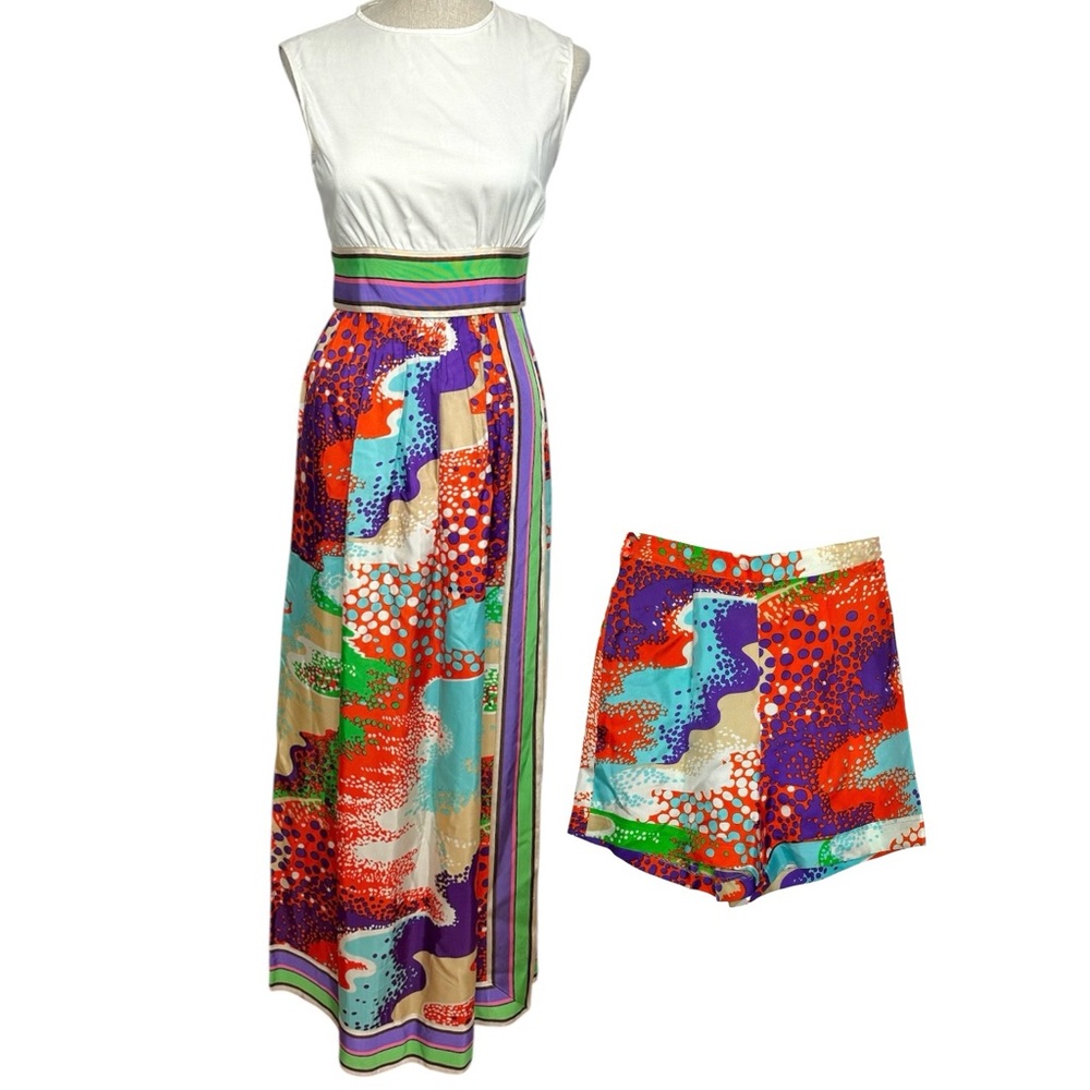 Vintage 1970s Psychedelic Dress Set Union Made ILGWU Maxi & Shorts RARE